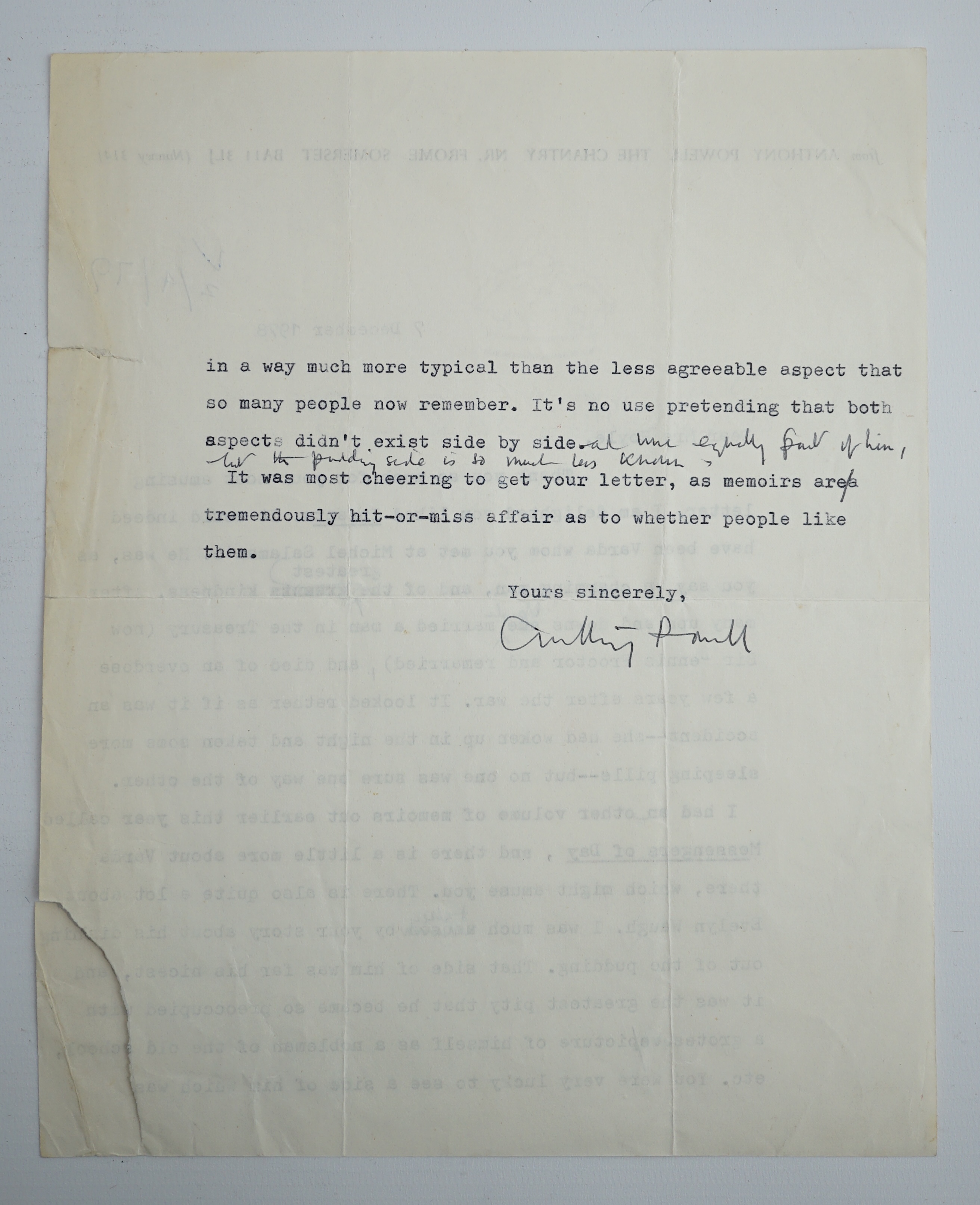 Anthony Powell (1905-2000). Typed letter with handwritten amendments and full signature, to a Mrs Hoyle, 7 December 1978. Discusses Infants of the Spring (1976), Messengers of Day (1978)